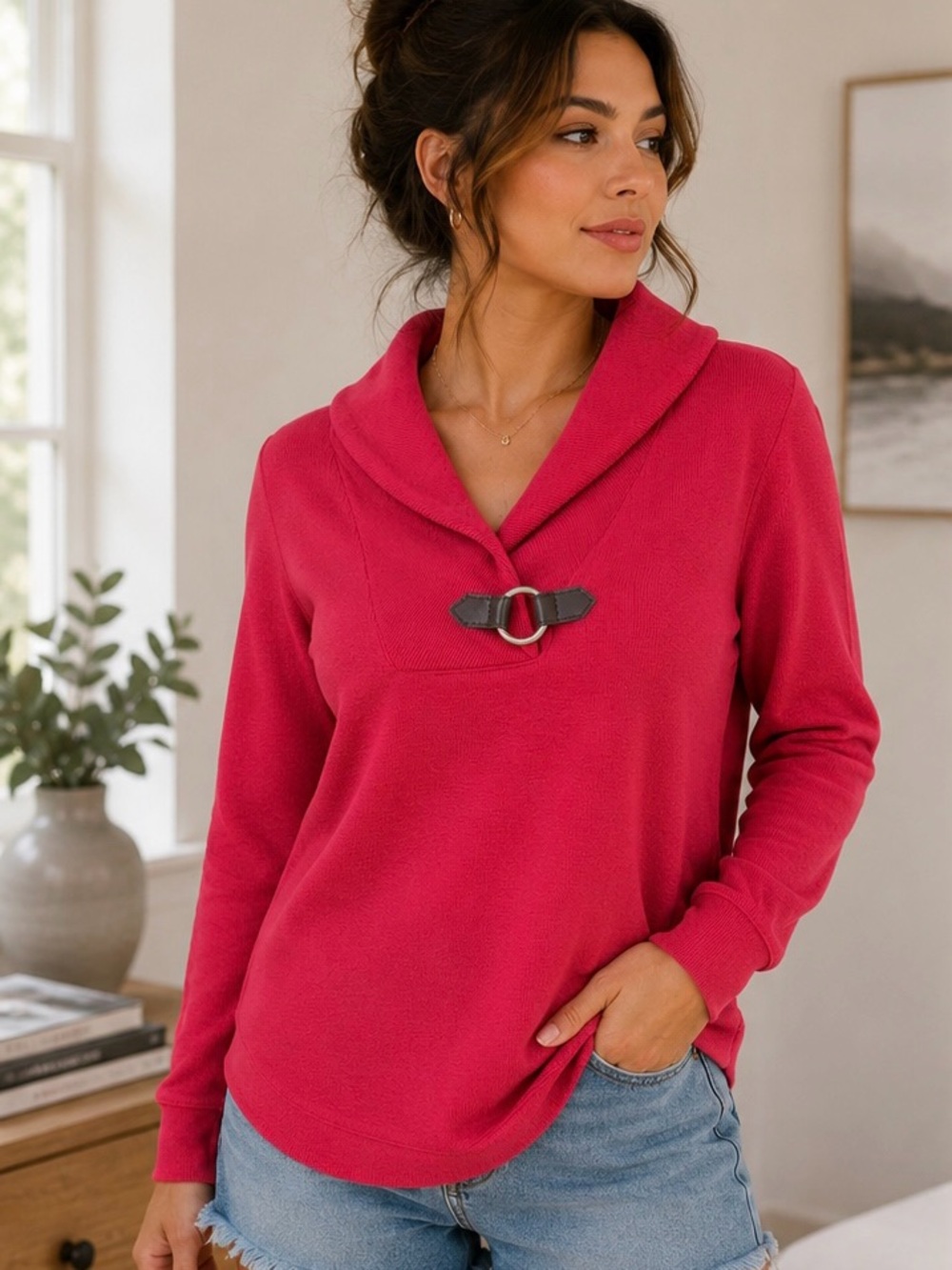 Karen Scott Bright Red Shawl-Collar Pullover with Buckle